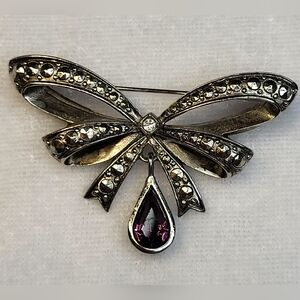 Vintage Avon 70s February Birthstone Marcasite Bow Brooch / Pin